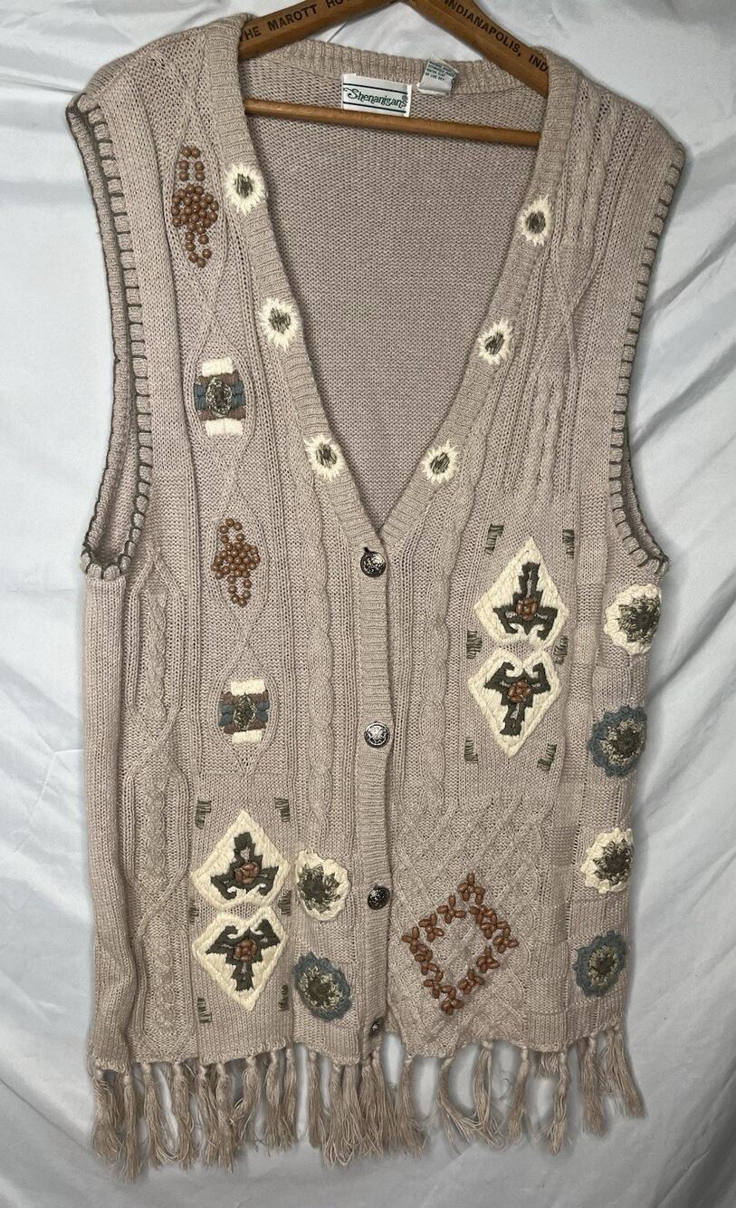 Shenanigans Knit Vest Large Embroidery Bead Embellished Fringe Beige Ramie 1980s